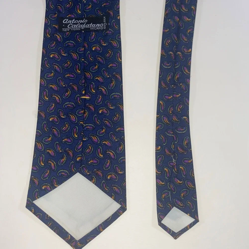 Antonio‎ Calafatano Silk Paisley Necktie Navy Blue Purple Orange Green 2856